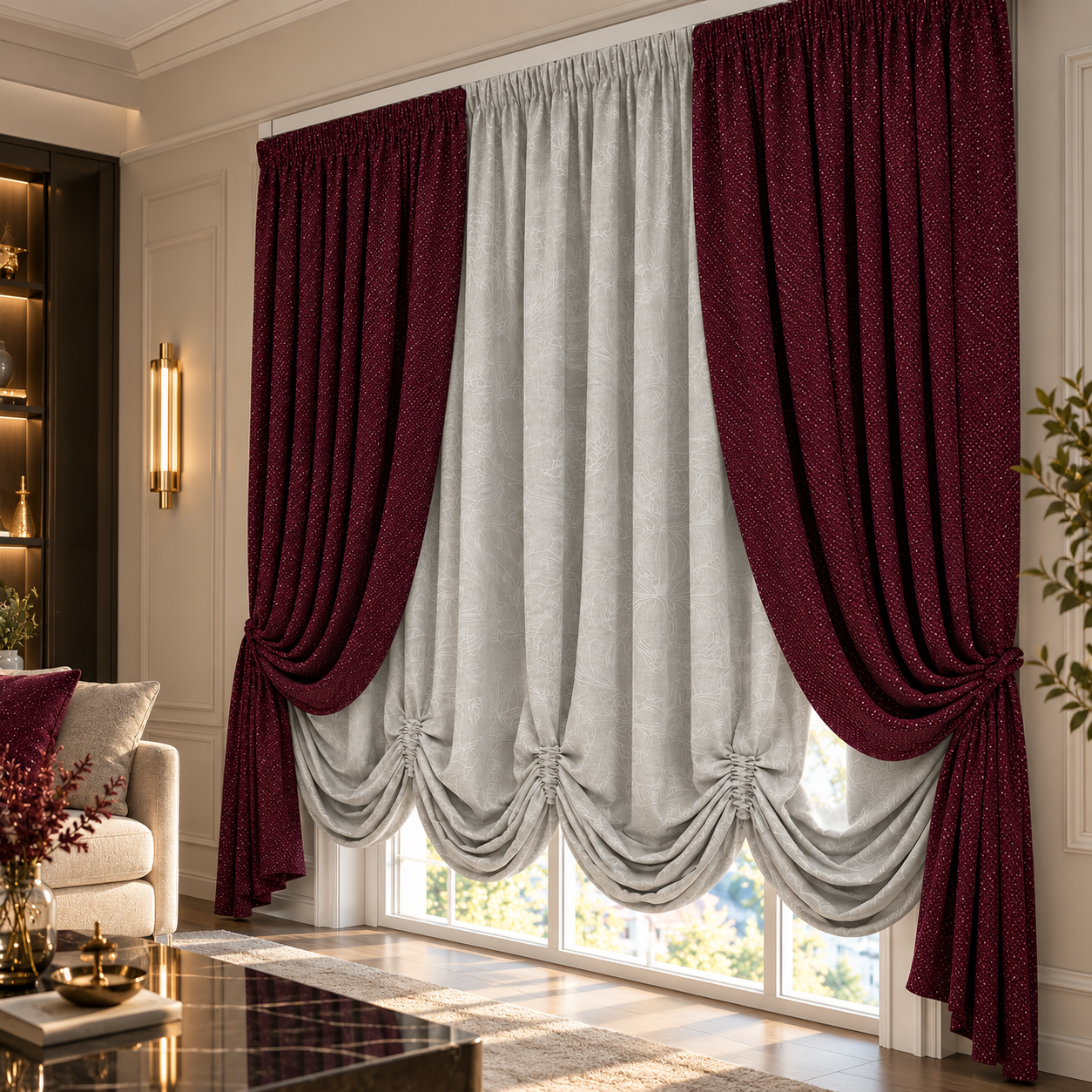 Burgundy Draped Curtain Set 3D Model 4