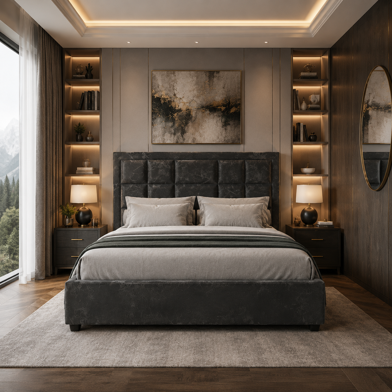 Black Distressed Leather Panel Bed 3D Model 4