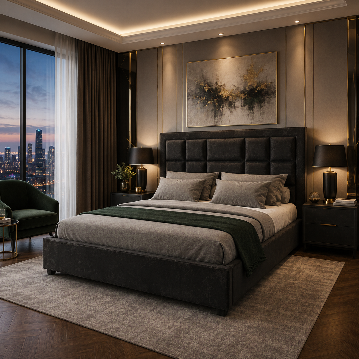 Black Distressed Leather Panel Bed 3D Model 2