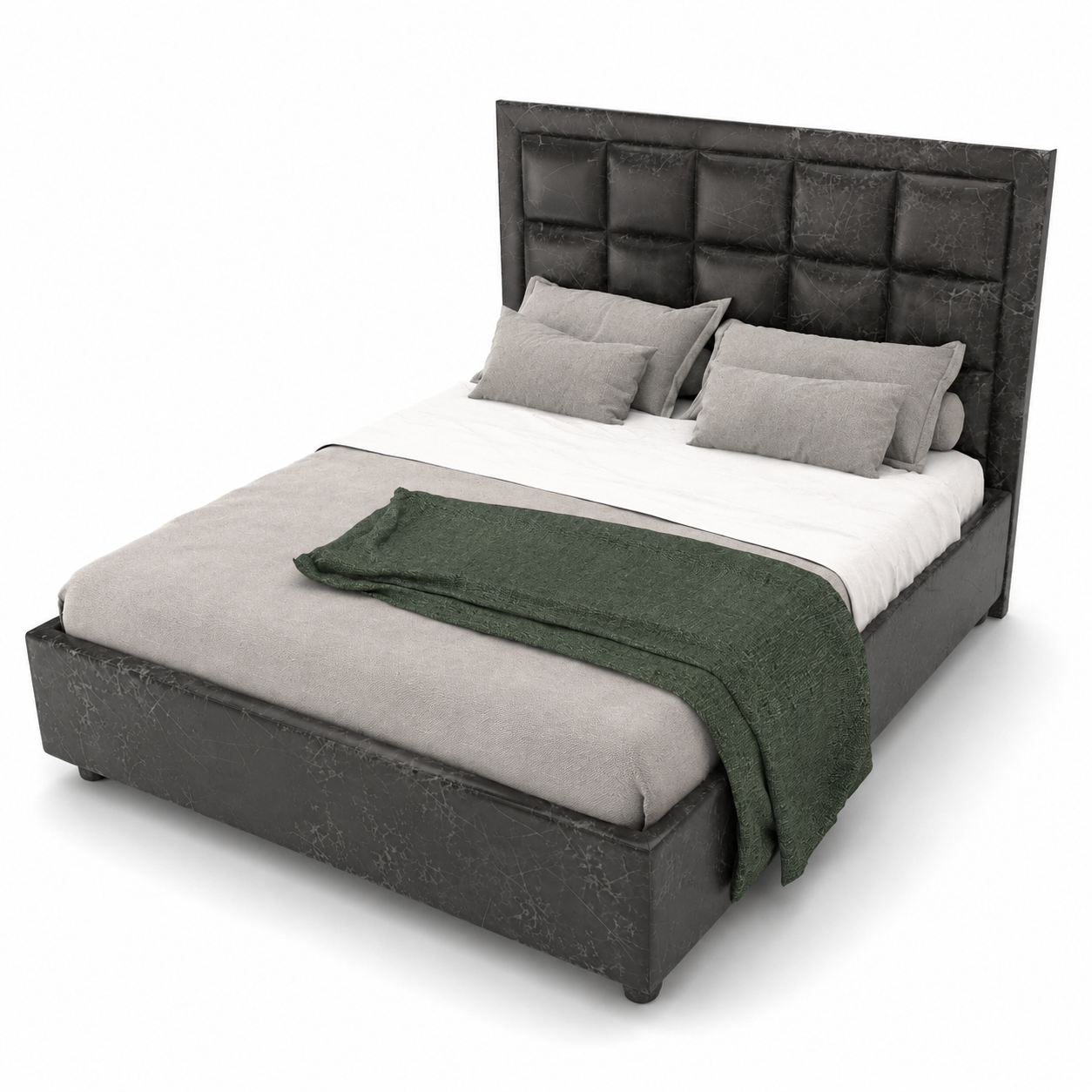 Black Distressed Leather Panel Bed 3D Model 3