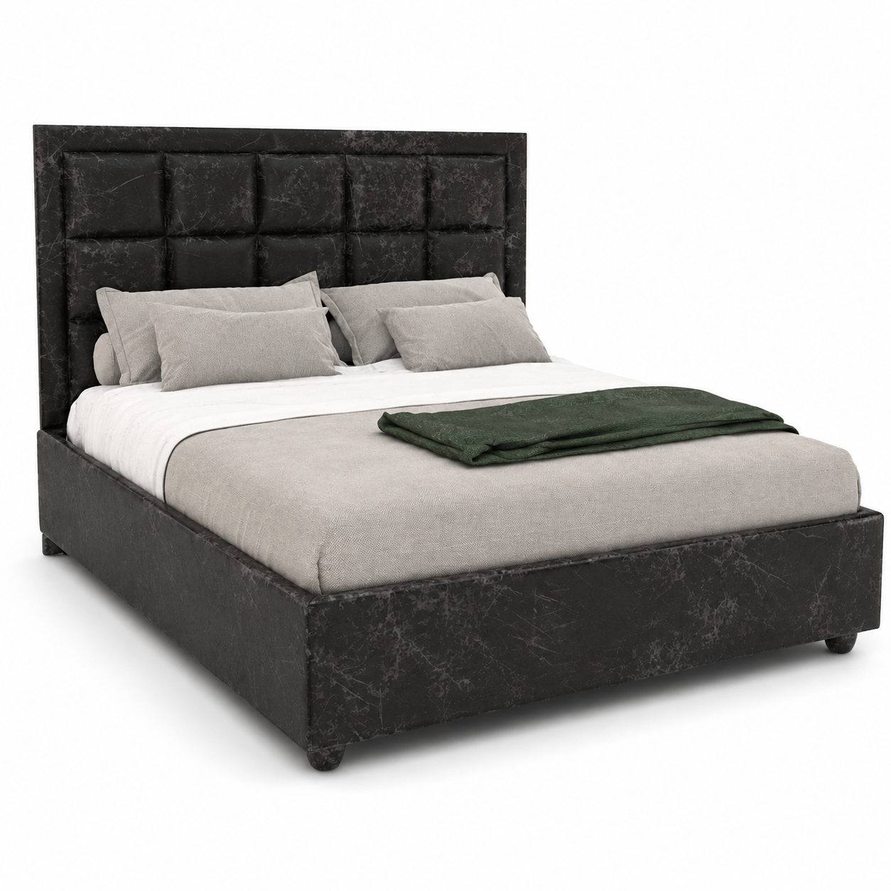 Black Distressed Leather Panel Bed 3D Model 1