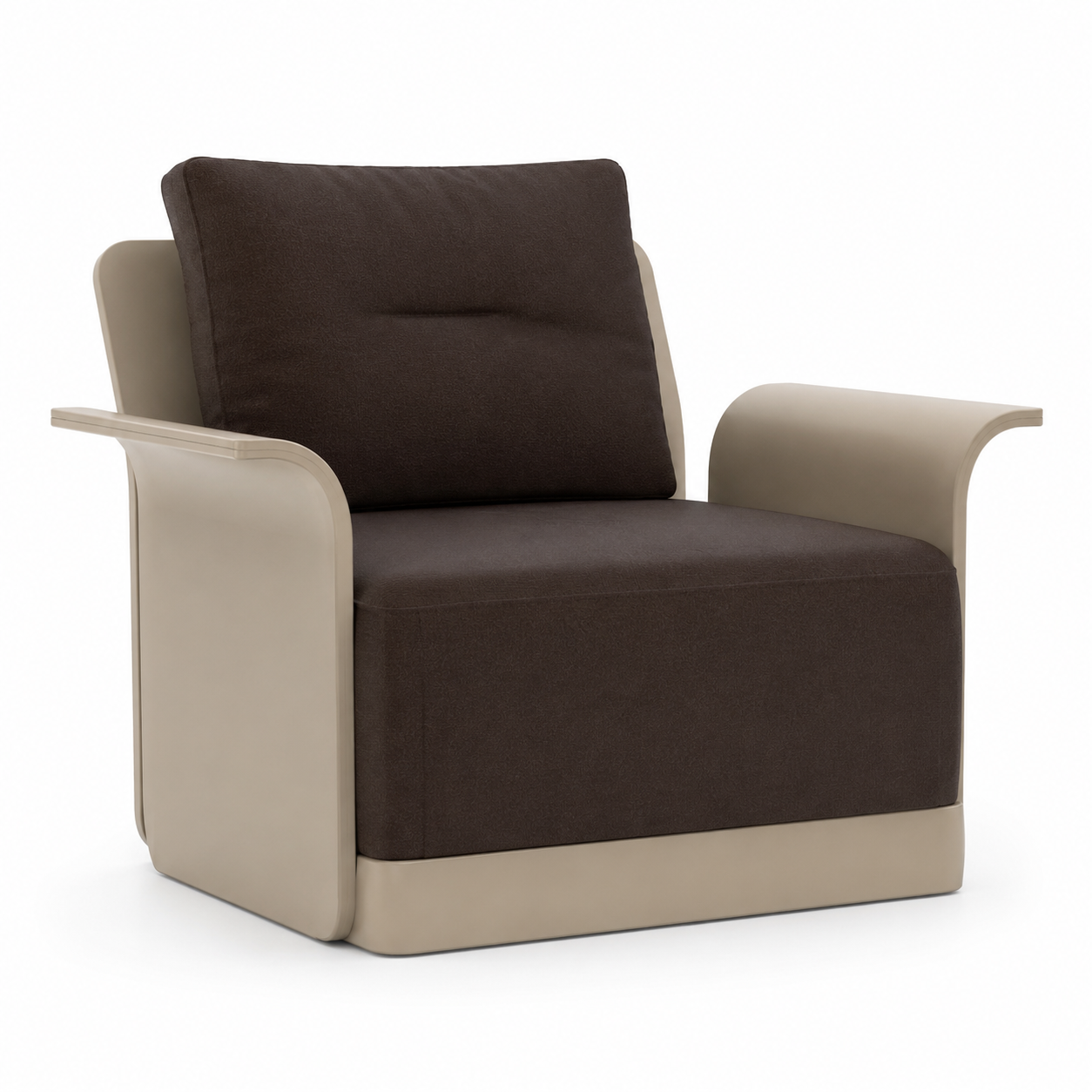 Brown Fabric Armchair – Curved Beige Wood Shell 3D Model