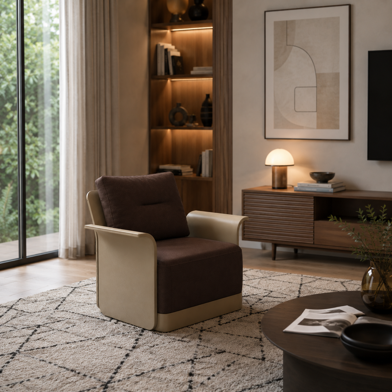 Brown Fabric Armchair – Curved Beige Wood Shell 3D Model 3
