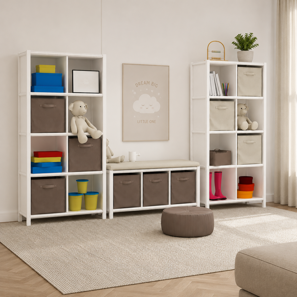 Scandinavian Kids Storage Set – White Cubes & Taupe Bins 3D Model 2