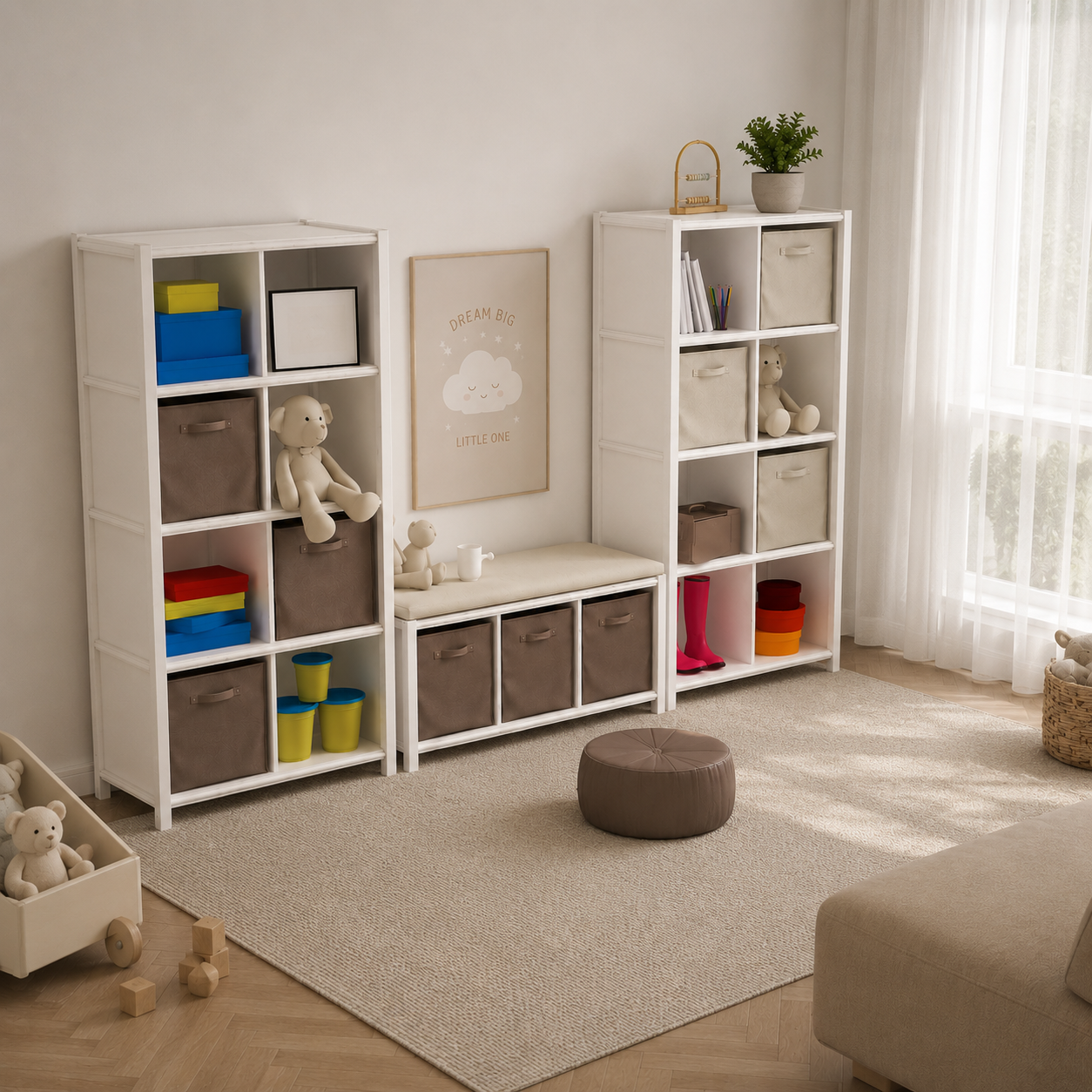 Scandinavian Kids Storage Set – White Cubes & Taupe Bins 3D Model 3