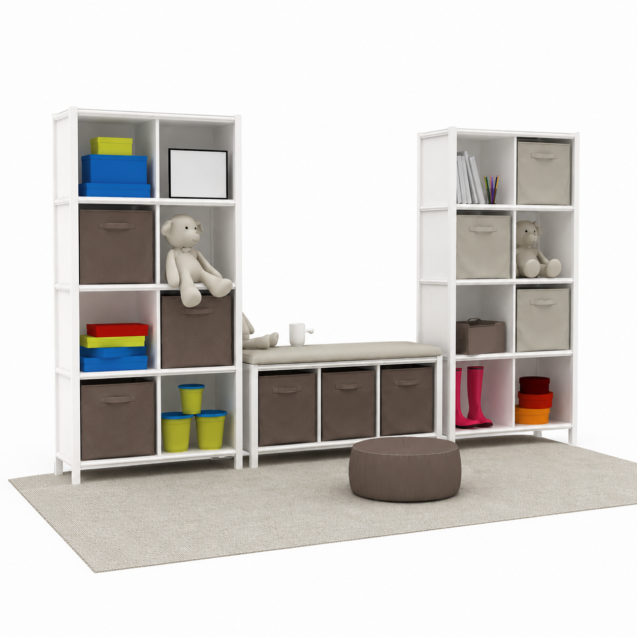 Scandinavian Kids Storage Set – White Cubes & Taupe Bins 3D Model 1