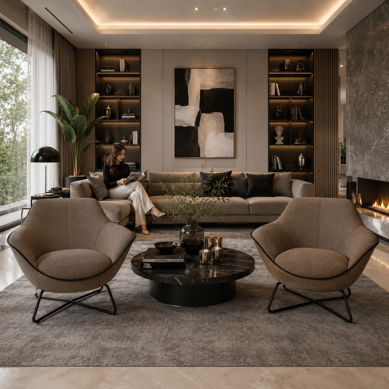 Taupe Curved Lounge Armchair 3D Model 2