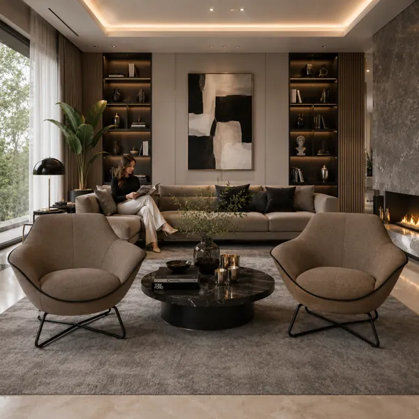 Taupe Curved Lounge Armchair 3D Model back