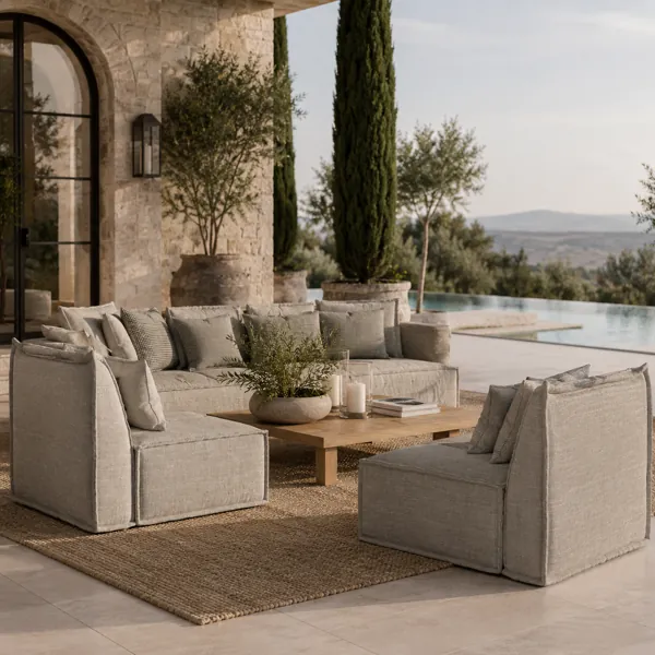 Boxy Fabric Lounge Chair – Warm Greige Exposed Seams 3D Model back