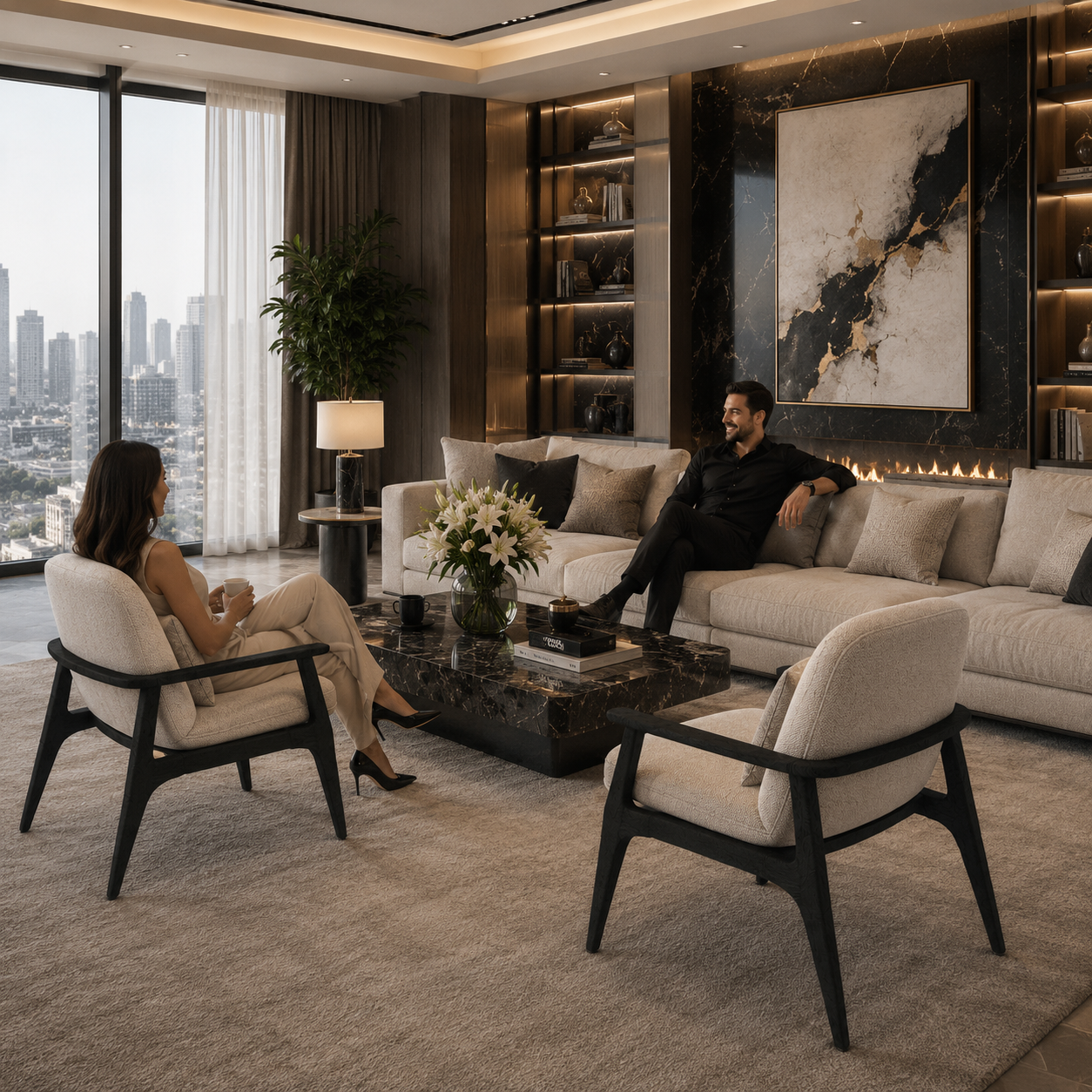 Beige Armchair with Black Wood Frame 3D Model 4