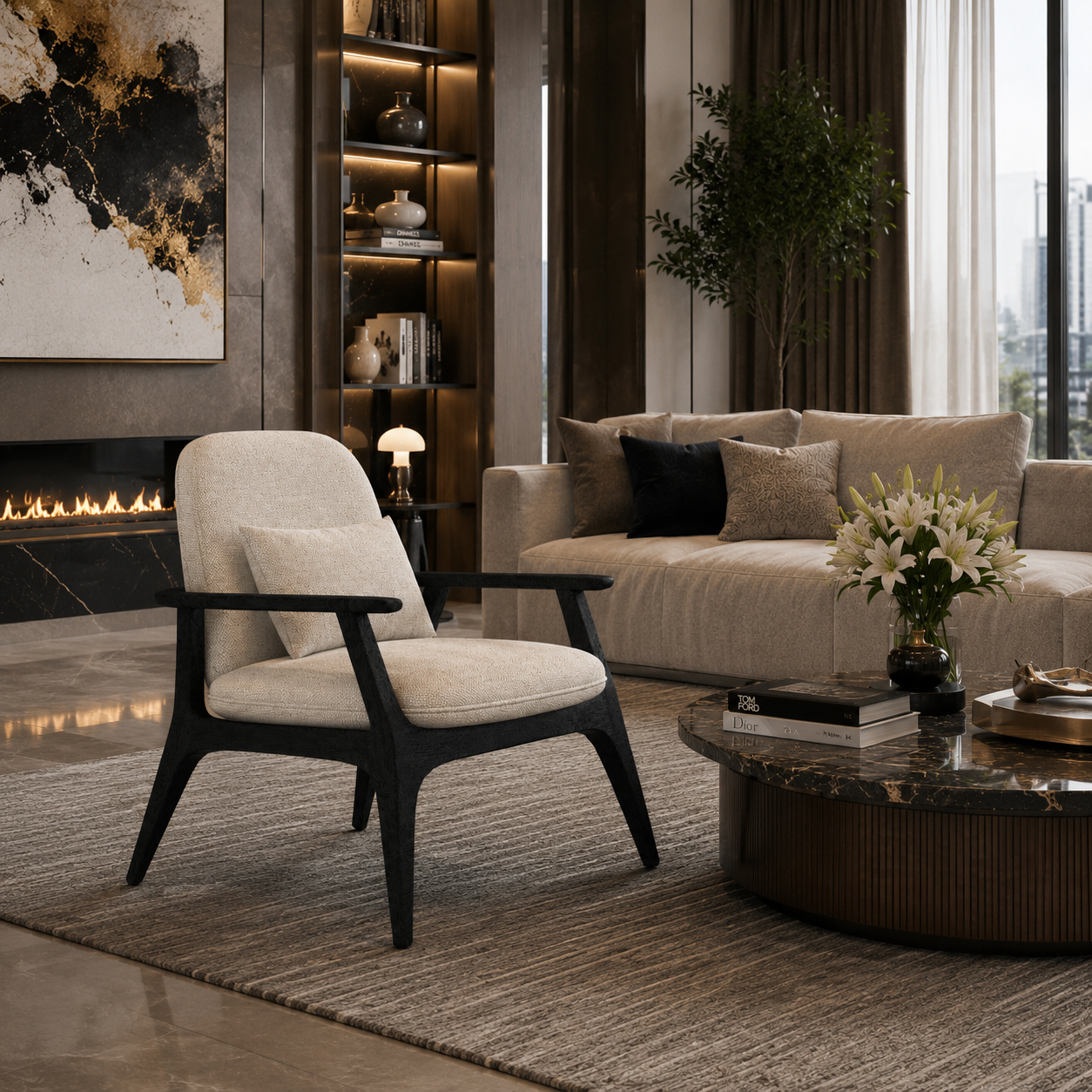 Beige Armchair with Black Wood Frame 3D Model 2