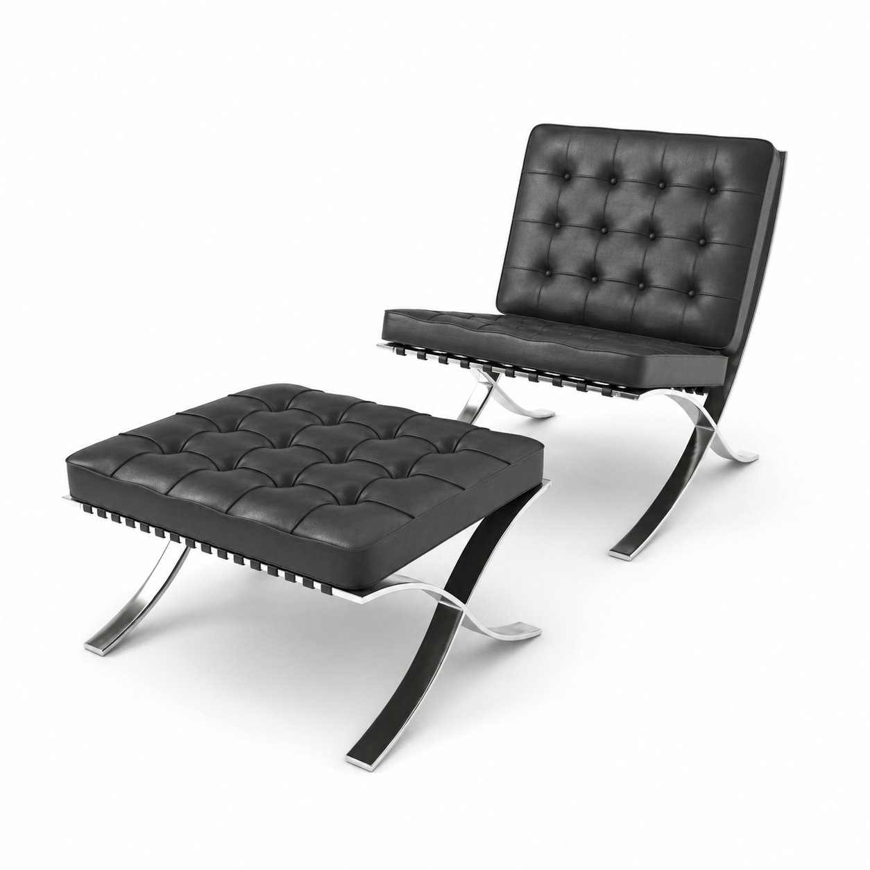 Black Tufted Leather X-Frame Lounge Chair 3D Model 3