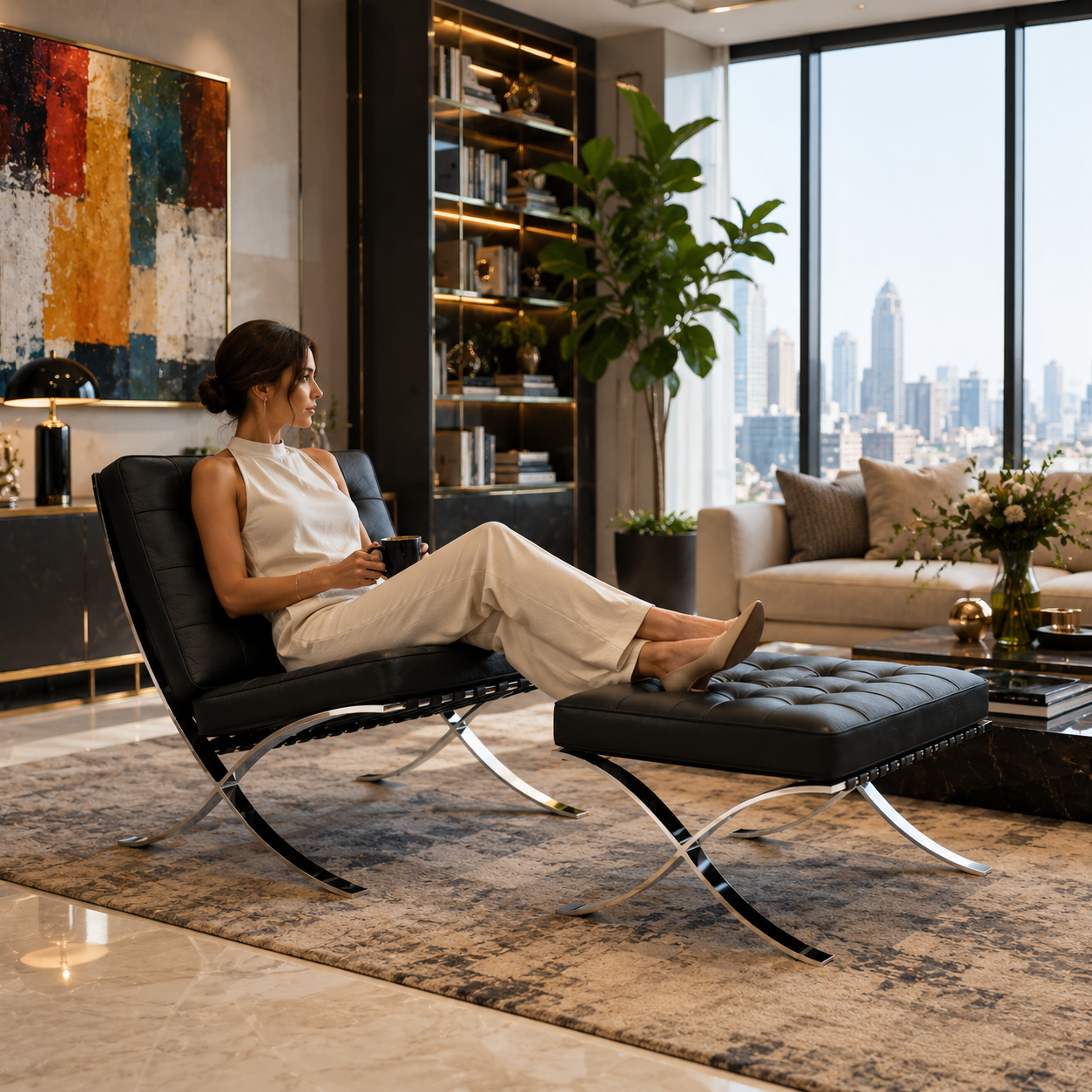 Black Tufted Leather X-Frame Lounge Chair 3D Model 4