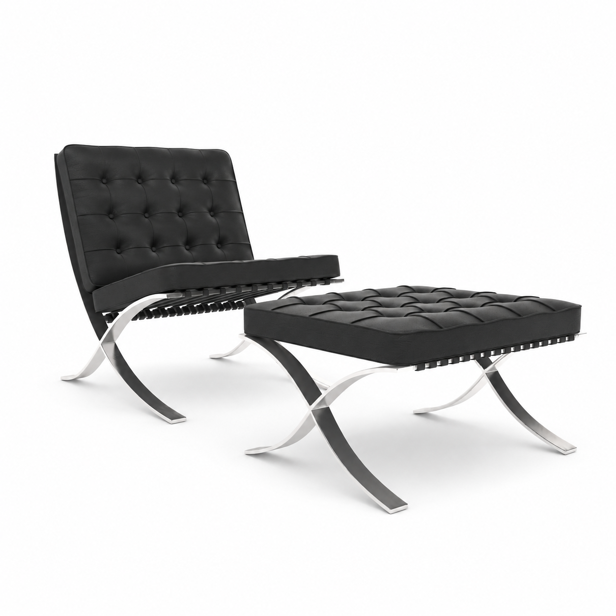 Black Tufted Leather X-Frame Lounge Chair 3D Model 1