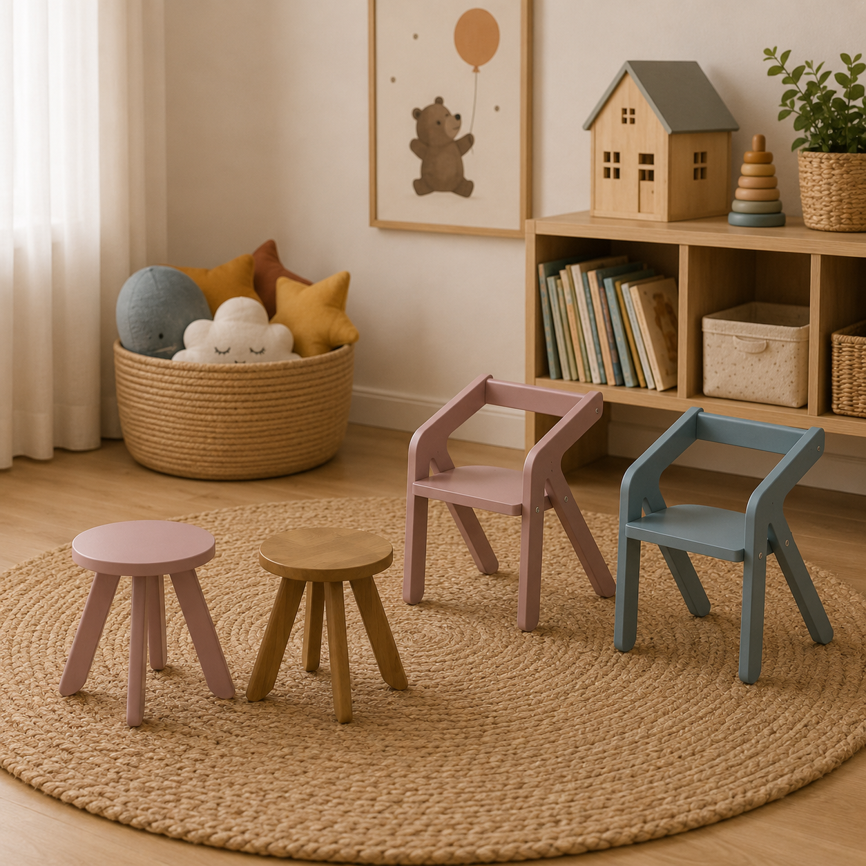 Scandinavian Kids Seating Set – Dusty Pink & Blue Wood 3D Model 2