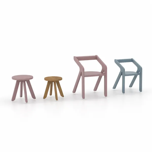 Scandinavian Kids Seating Set – Dusty Pink & Blue Wood 3D Model