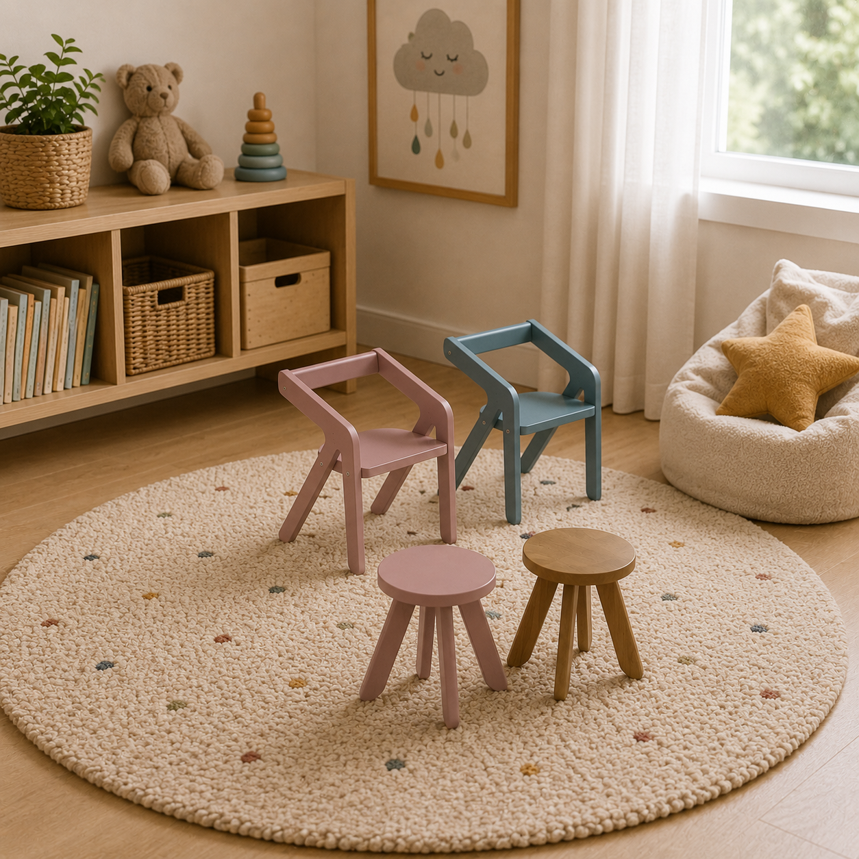 Scandinavian Kids Seating Set – Dusty Pink & Blue Wood 3D Model 3