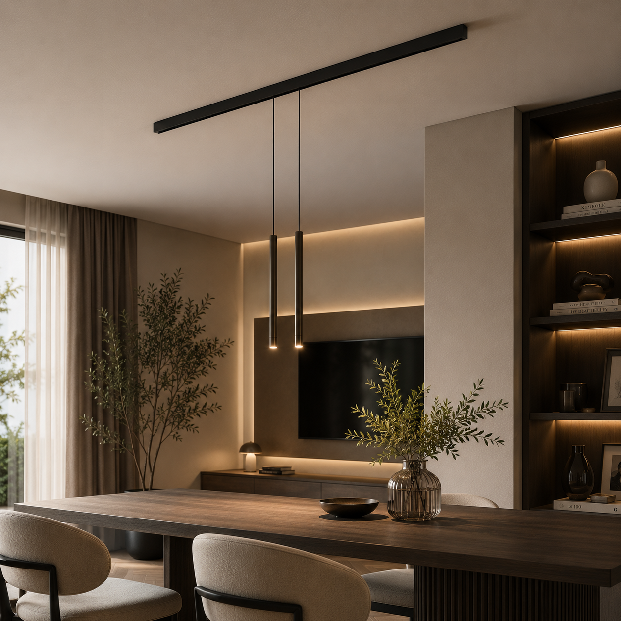 Black Linear Track Spot Light – Twin Bronze Pendants 3D Model 2