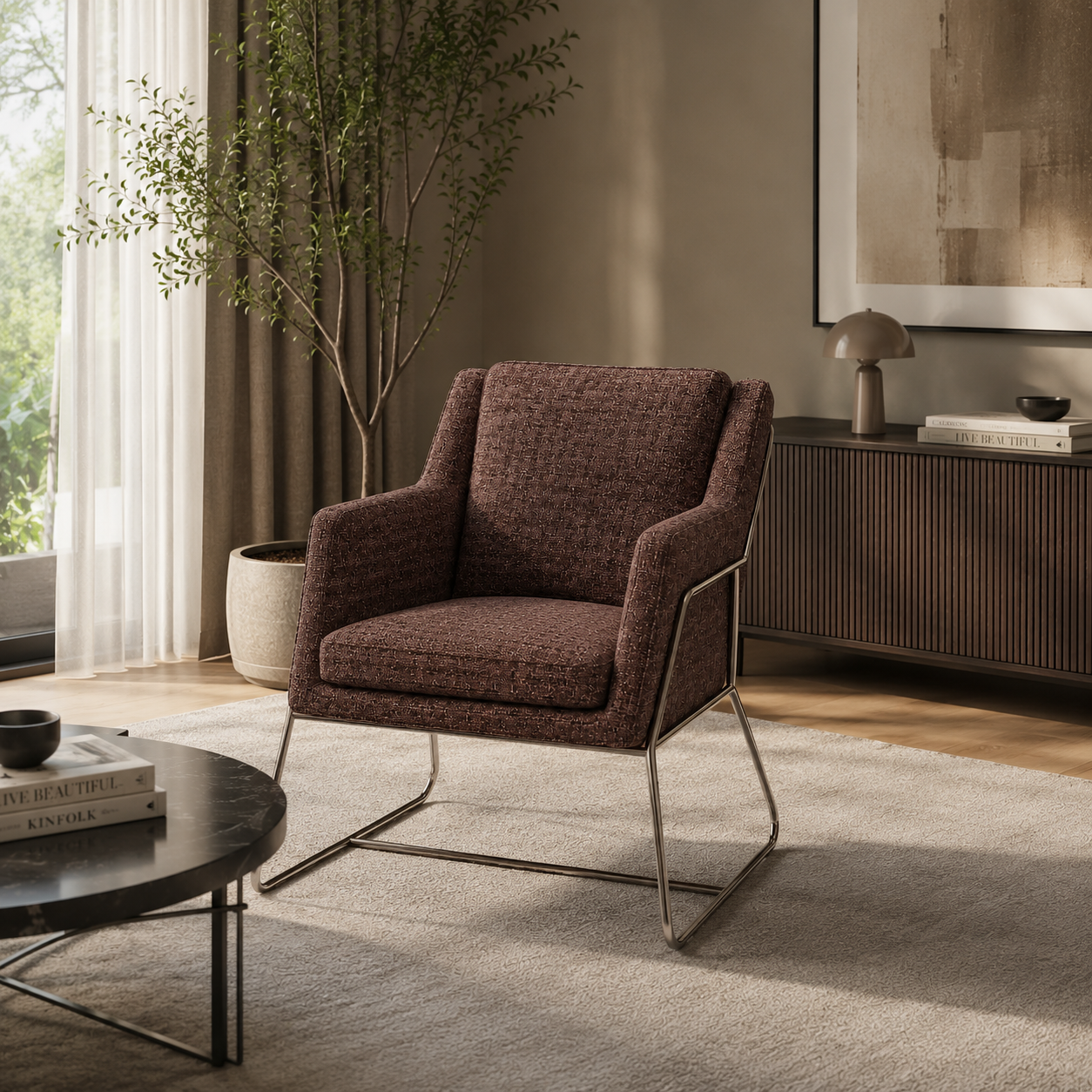 Brown Fabric Armchair with Sled Metal Frame 3D Model 4
