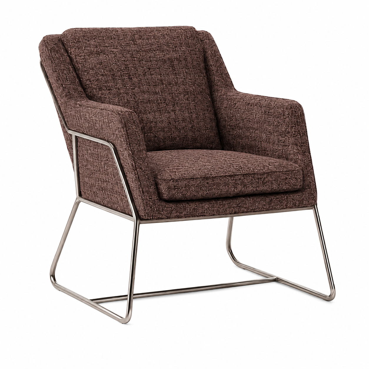 Brown Fabric Armchair with Sled Metal Frame 3D Model 1