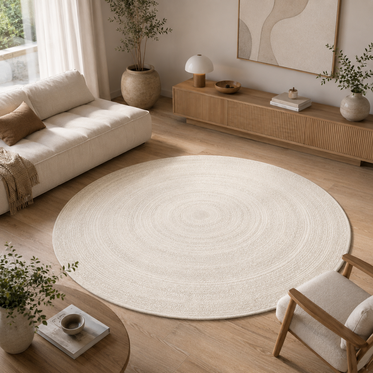 Round Cream Carpet – Concentric Woven Rings 3