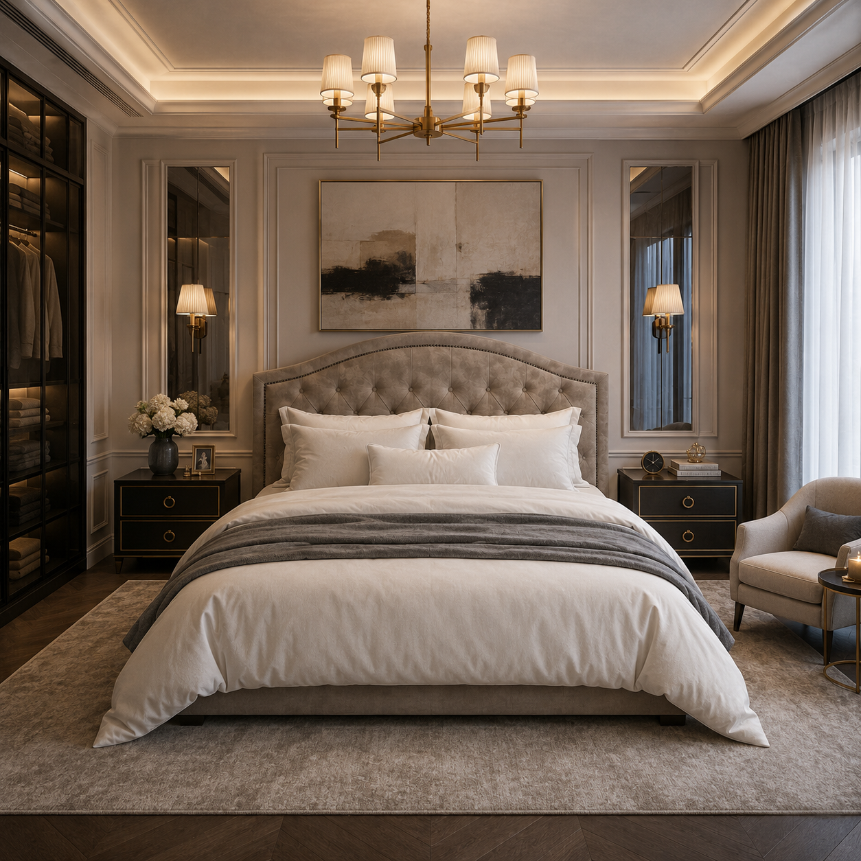 Taupe Arched Tufted Nailhead Bed 3D Model 4