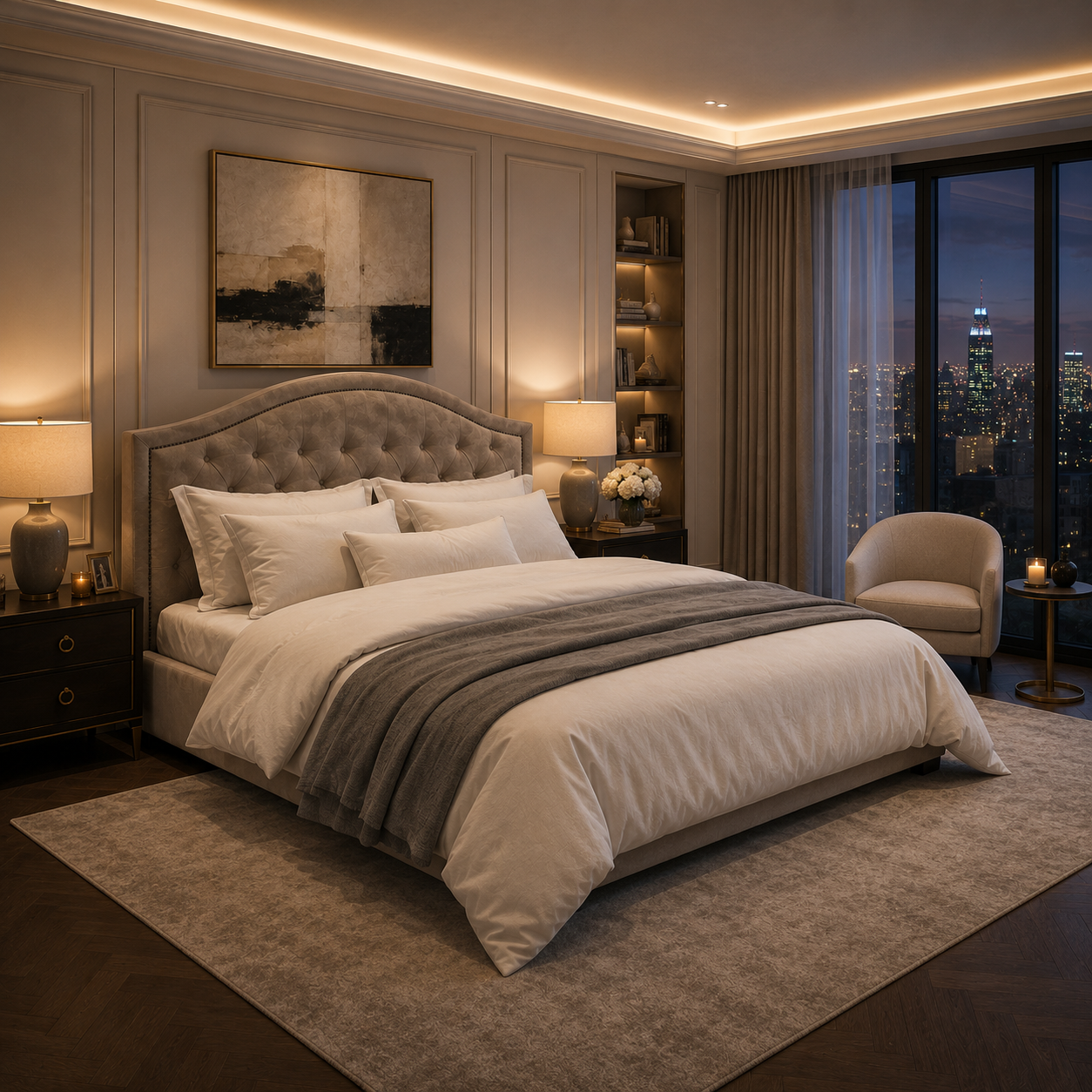 Taupe Arched Tufted Nailhead Bed 3D Model 2