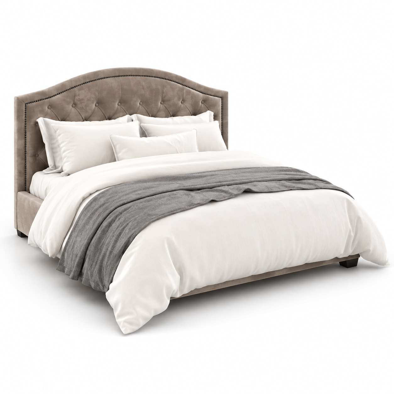 Taupe Arched Tufted Nailhead Bed 3D Model 1