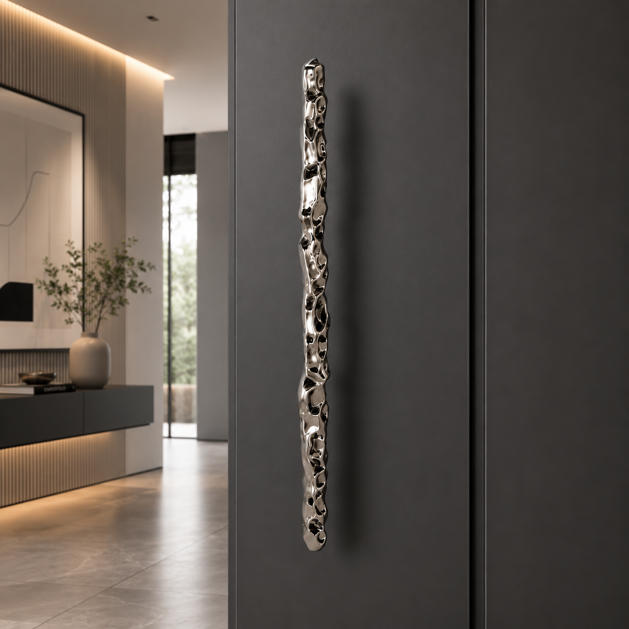 Silver Organic Sculptural Handle – Hammered Ripple Surface 3D Model 2