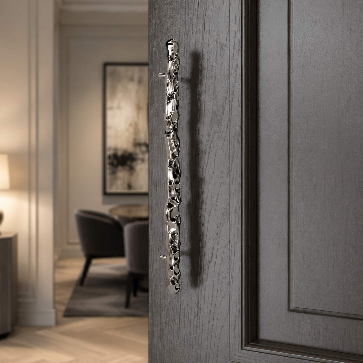 Silver Organic Sculptural Handle – Hammered Ripple Surface 3D Model 4