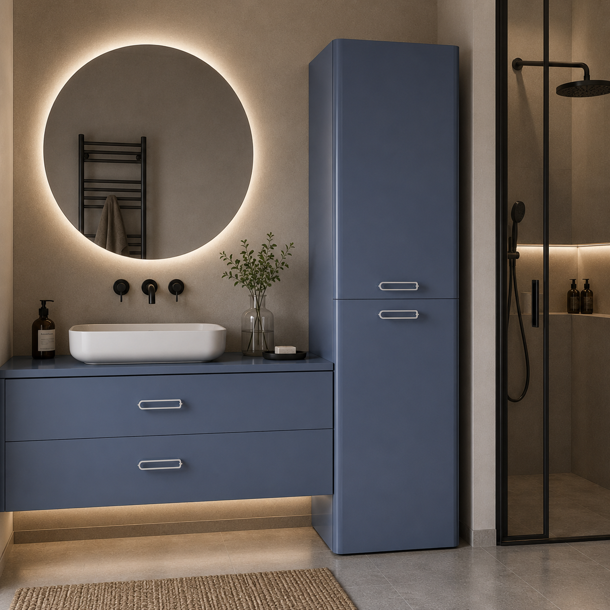 Blue-Gray Tall Bathroom Cabinet – Silver Handles 3D Model 2