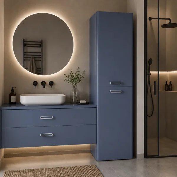 Blue-Gray Tall Bathroom Cabinet – Silver Handles 3D Model back
