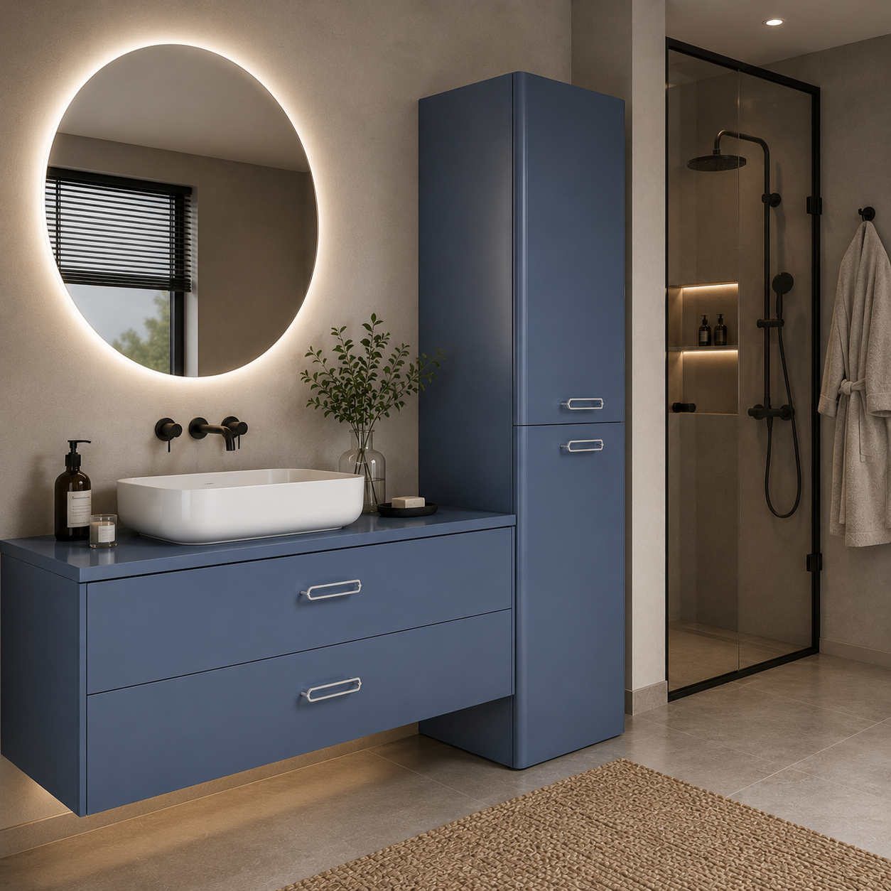 Blue-Gray Tall Bathroom Cabinet – Silver Handles 3D Model 4