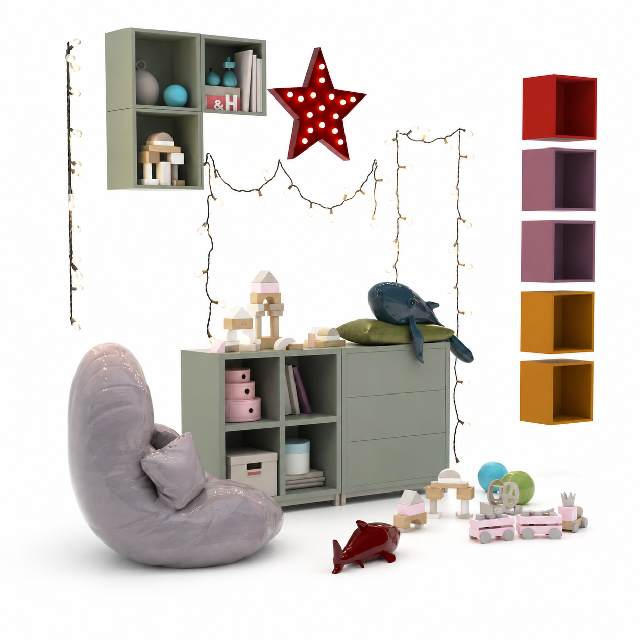 Sage Green Kids Storage Set – Red Star Light 3D Model 1
