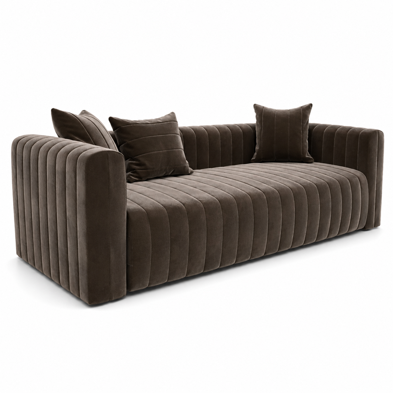 Mocha Brown Channel-Tufted Velvet Sofa – Deep Bench Seat 3D Model 1