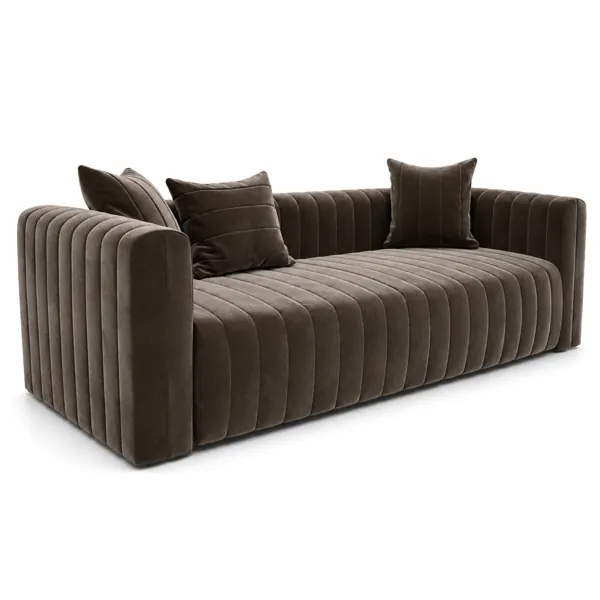 Mocha Brown Channel-Tufted Velvet Sofa – Deep Bench Seat 3D Model