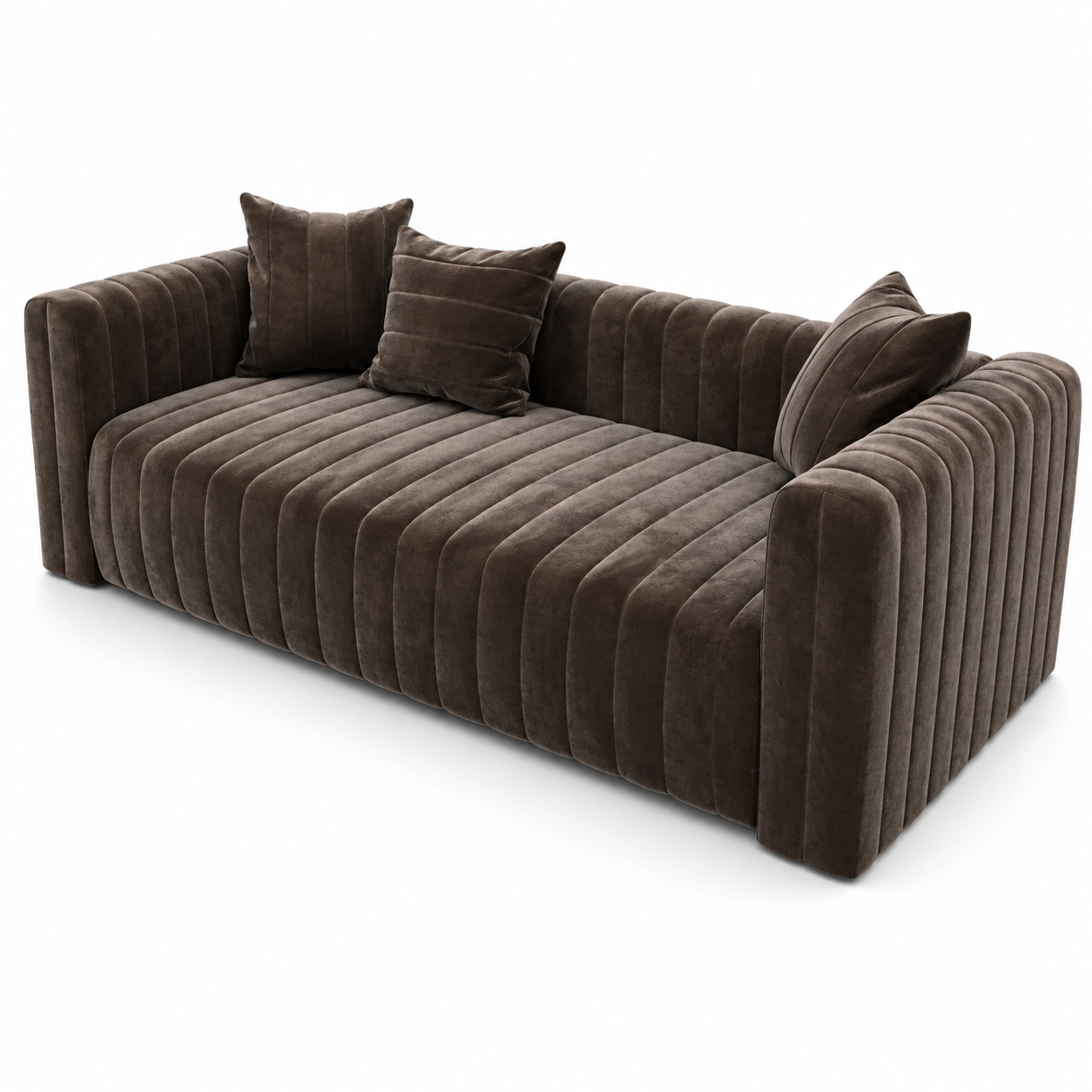 Mocha Brown Channel-Tufted Velvet Sofa – Deep Bench Seat 3D Model 3
