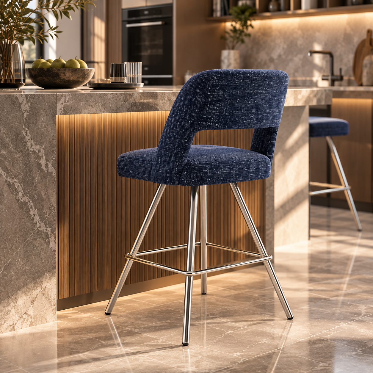 Blue Fabric Open Back Bar Stool 3D Model 4