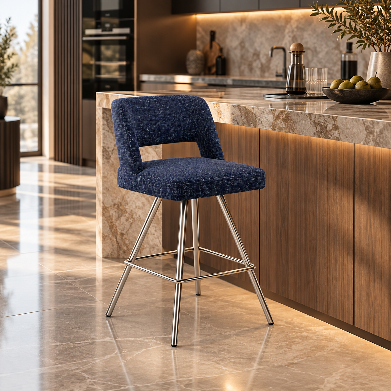 Blue Fabric Open Back Bar Stool 3D Model 2