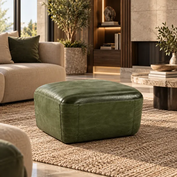 Olive Green Leather Rectangular Ottoman 3D Model back
