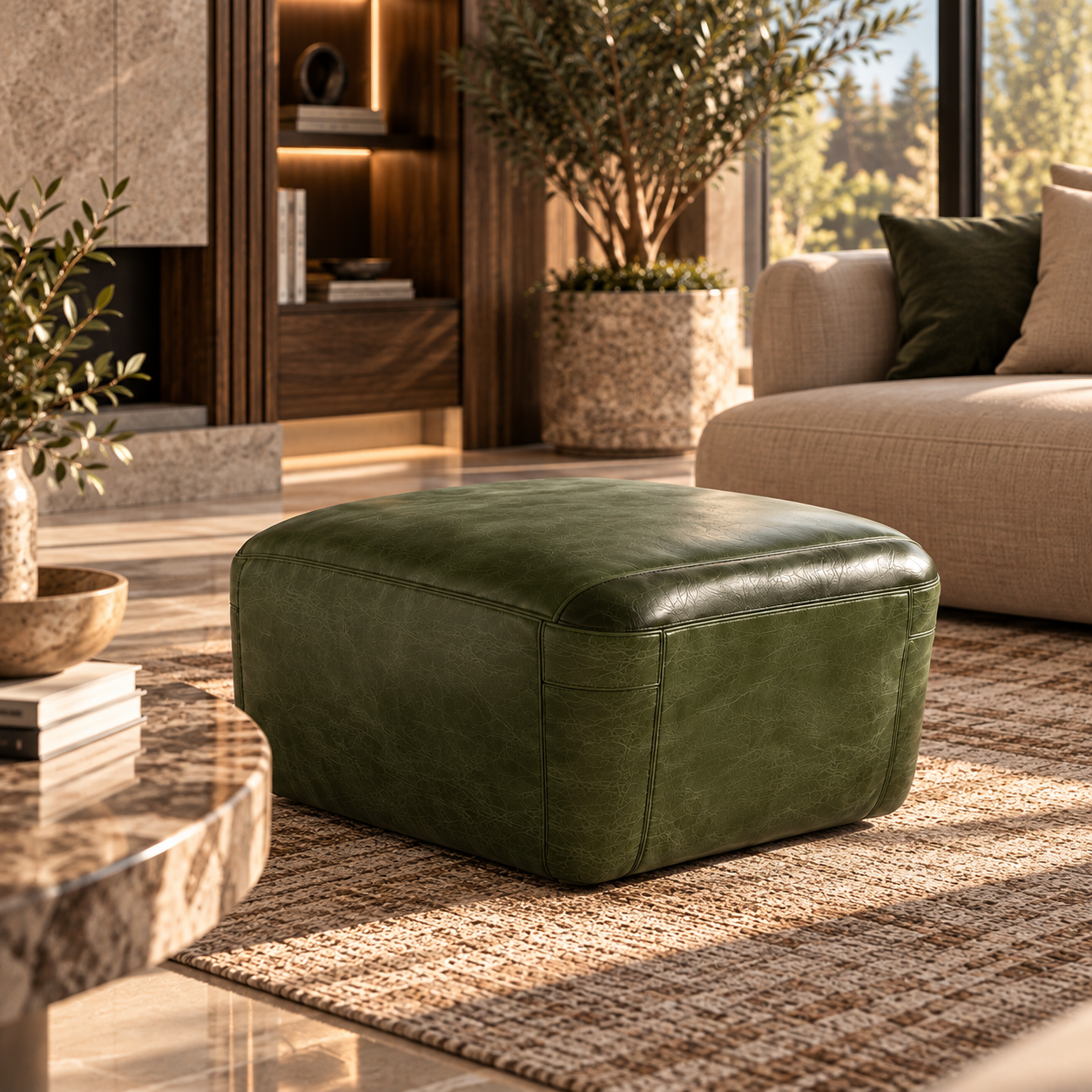 Olive Green Leather Rectangular Ottoman 3D Model 4