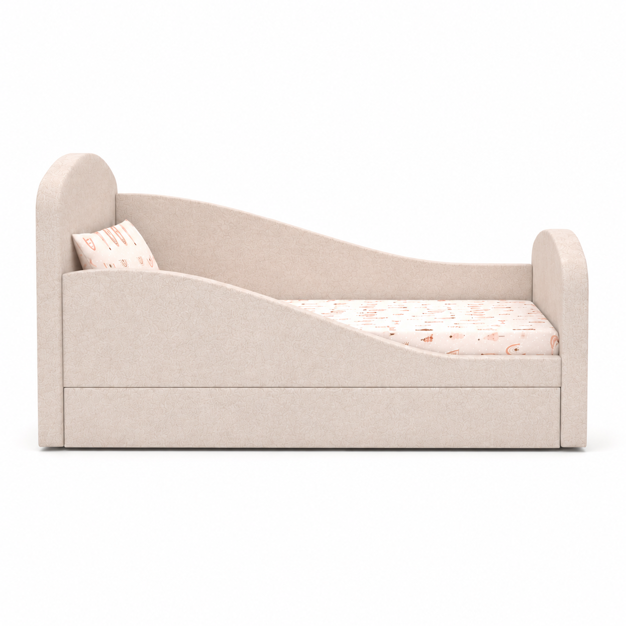 Modern Kids Bed – Blush Beige Curved Upholstered Sides 3D Model 3