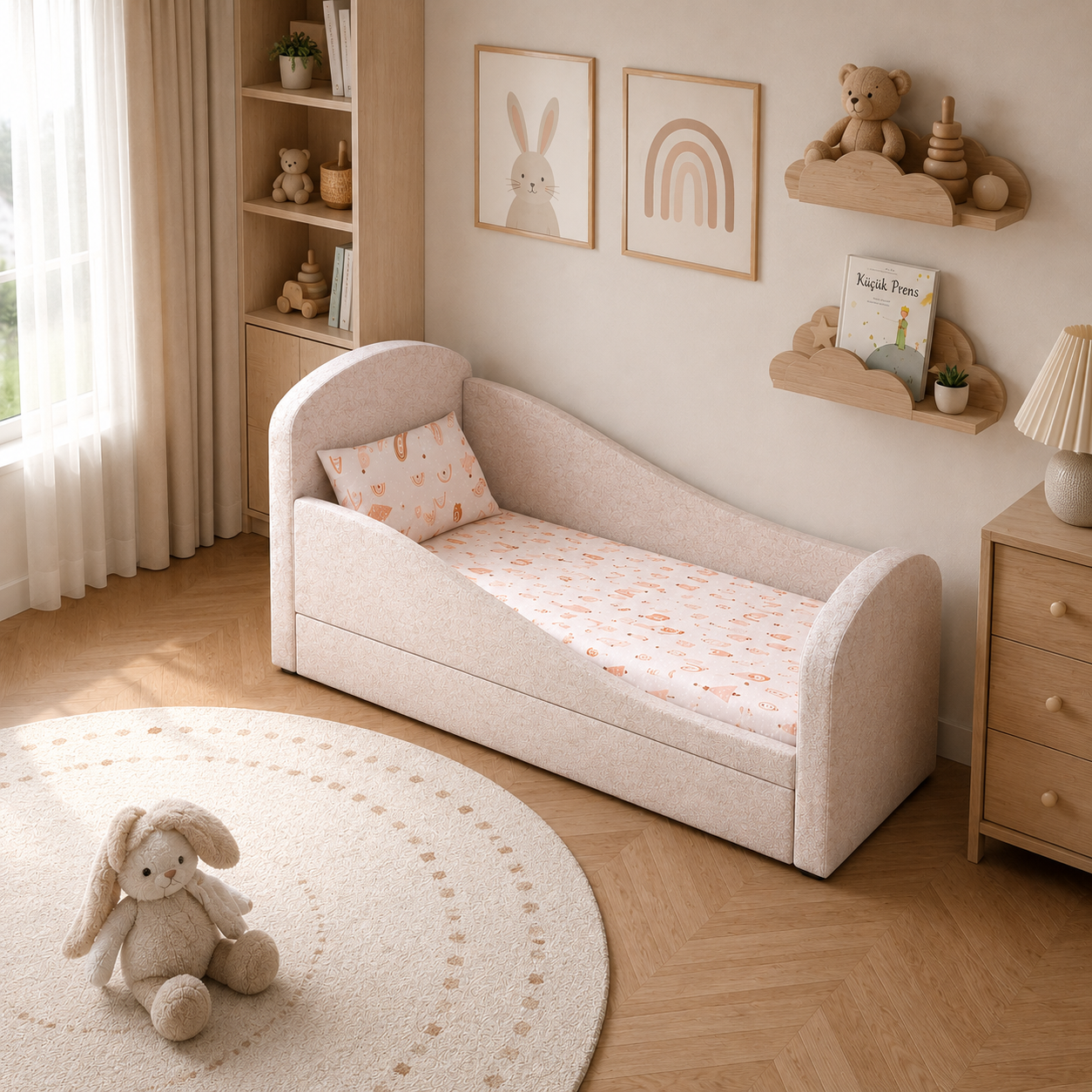 Modern Kids Bed – Blush Beige Curved Upholstered Sides 3D Model 4