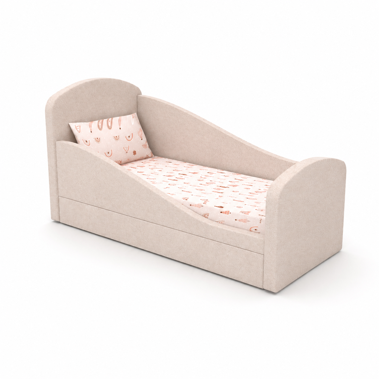 Modern Kids Bed – Blush Beige Curved Upholstered Sides 3D Model 1