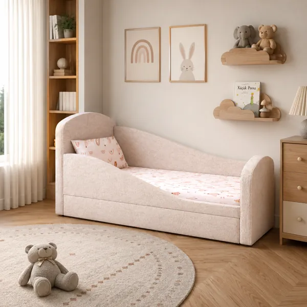 Modern Kids Bed – Blush Beige Curved Upholstered Sides 3D Model back