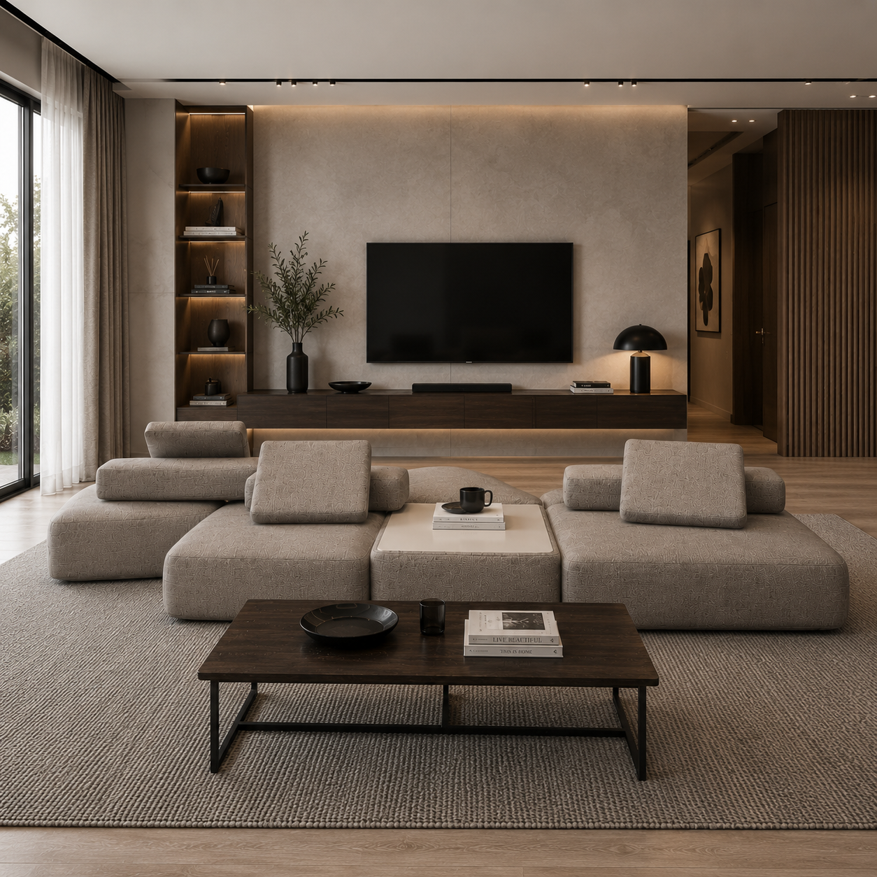 Warm Beige Modular Floor Sofa with Center Table 3D Model 2