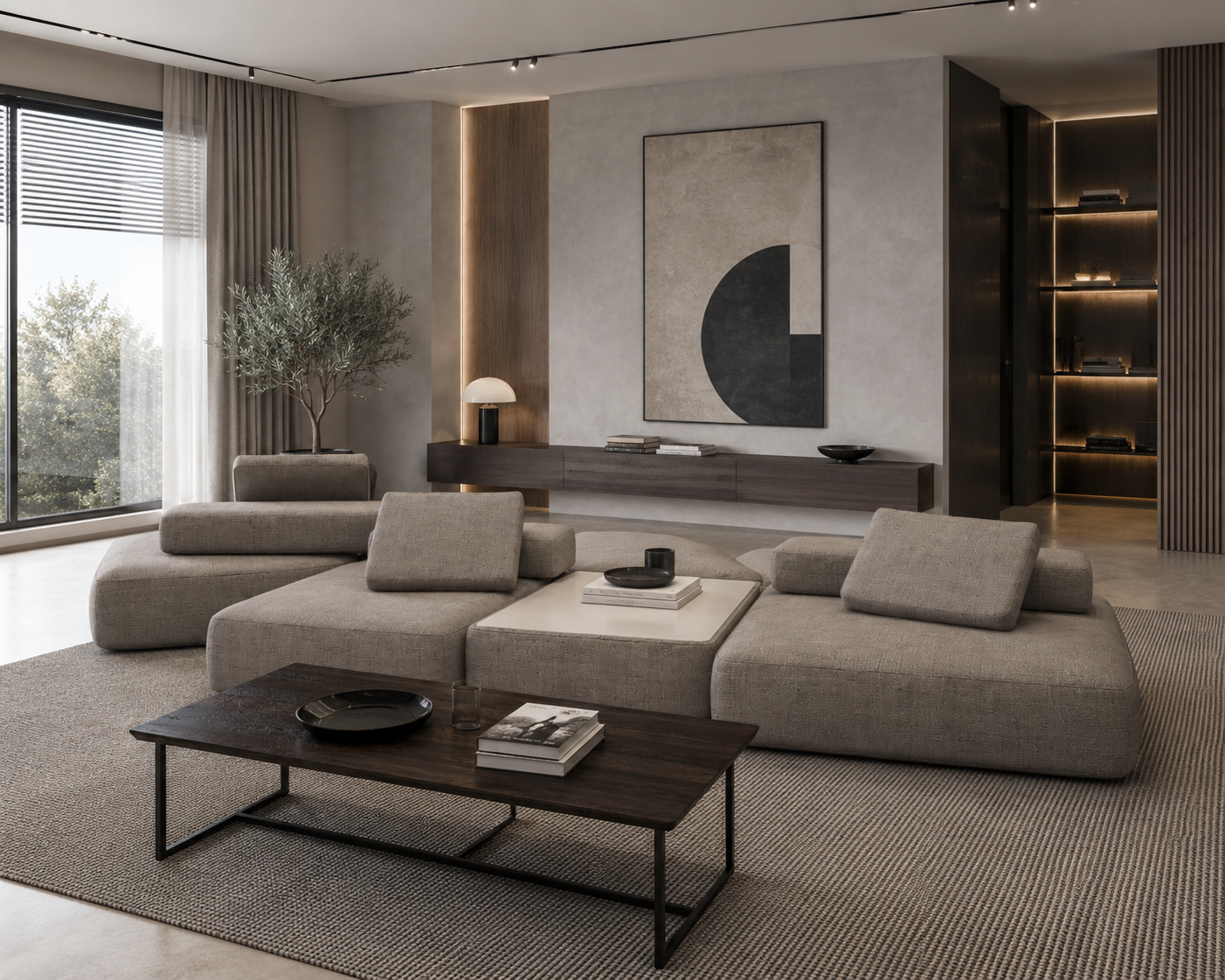 Warm Beige Modular Floor Sofa with Center Table 3D Model 4