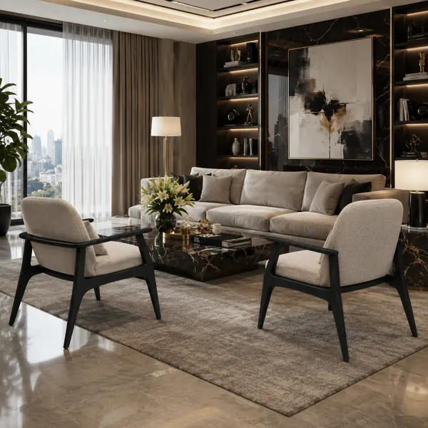 Beige Armchair with Black Wood Frame 3D Model back