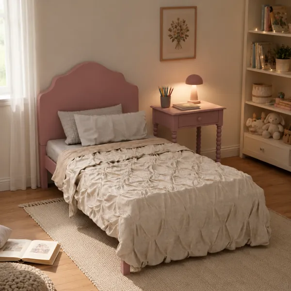 Dusty Pink Kids Bed Set – Scalloped Headboard 3D Model back