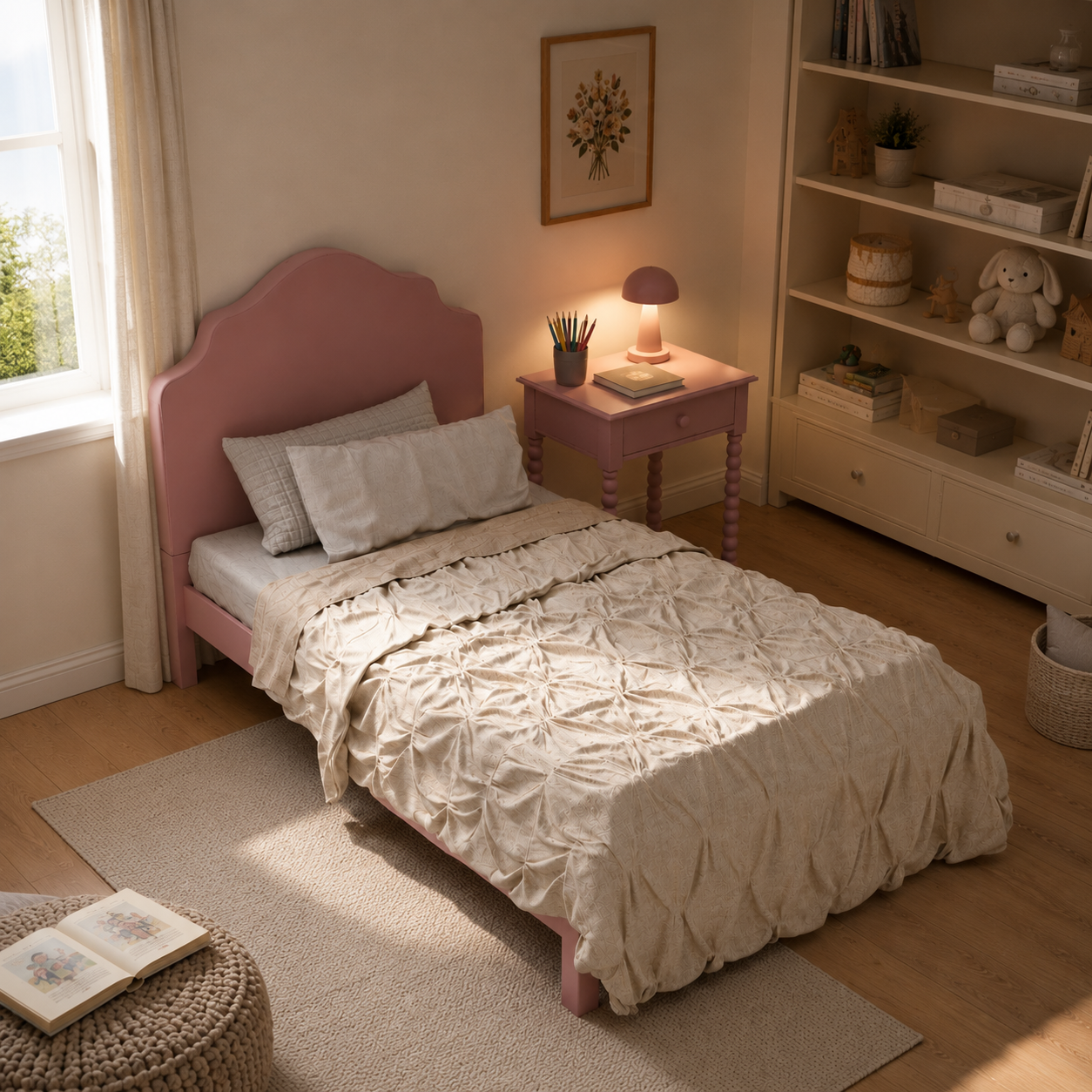 Dusty Pink Kids Bed Set – Scalloped Headboard 3D Model 3